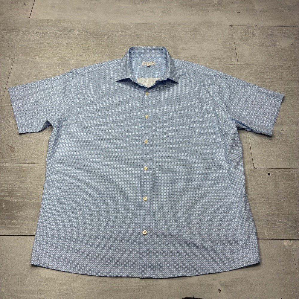 Peter Millar Summer Comfort Shirt Mens XL Blue Geo Floral Short Sleeve Golf Top